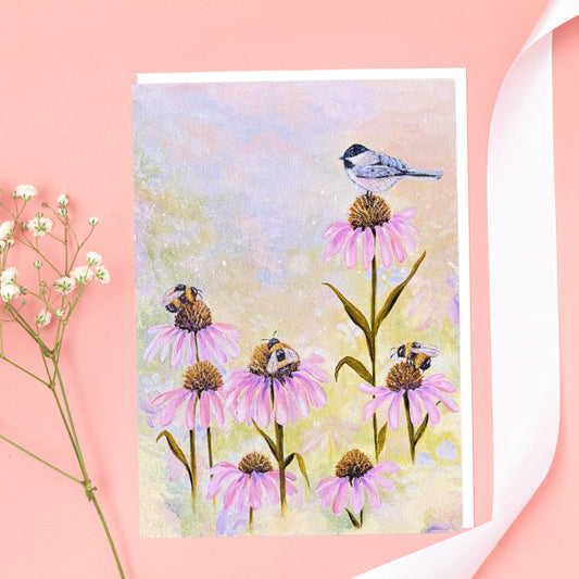 3 Bees + A Chickadee Greeting Card