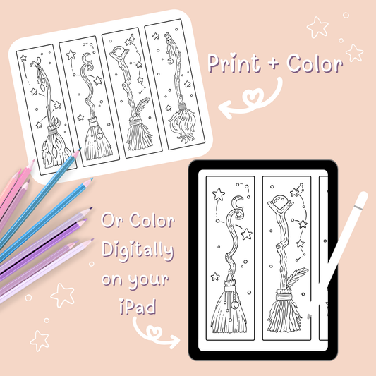 ๐งน Witchy Brooms Bookmarks Coloring Page Download