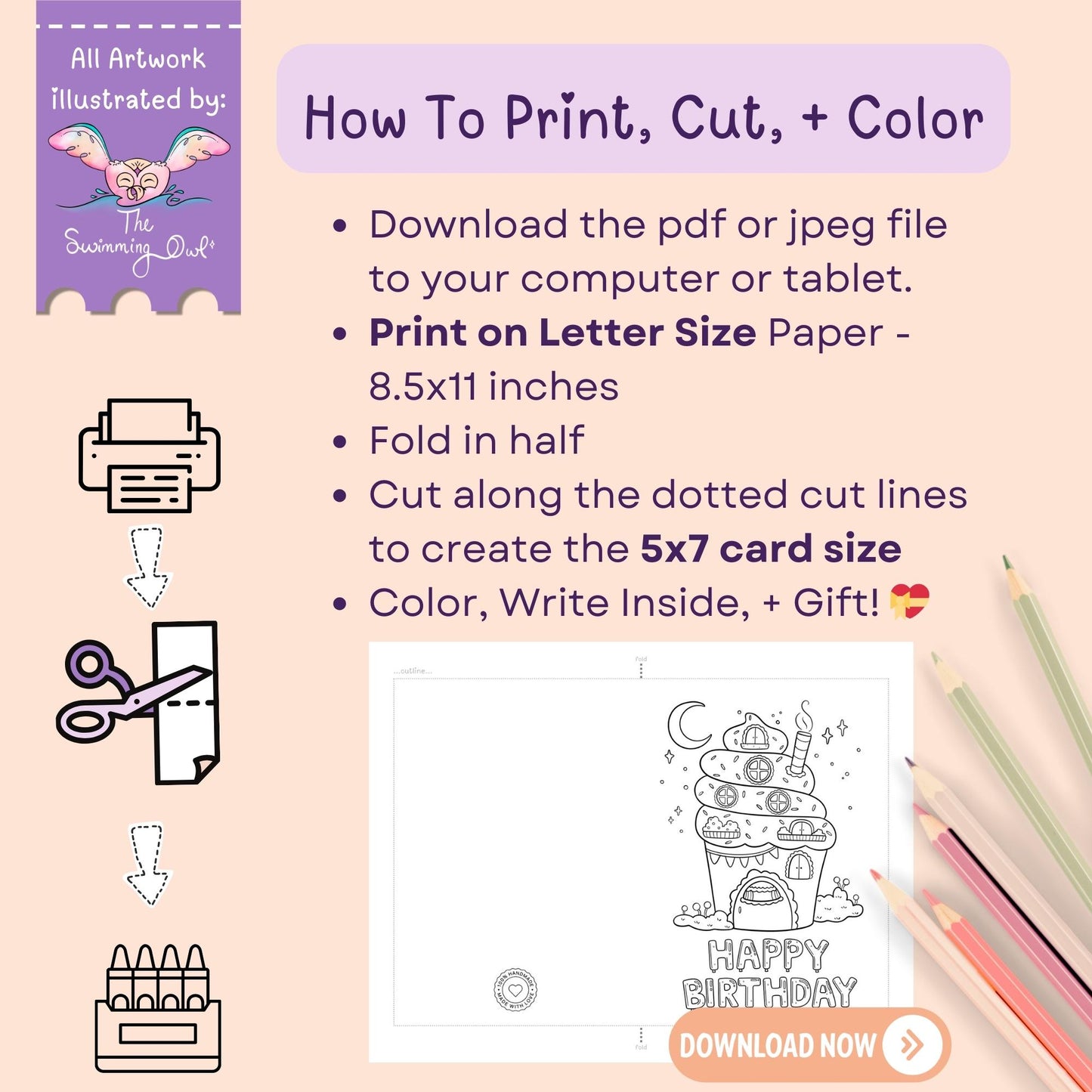 🧁Happy Birthday Cupcake Card To Color - 5x7 Download