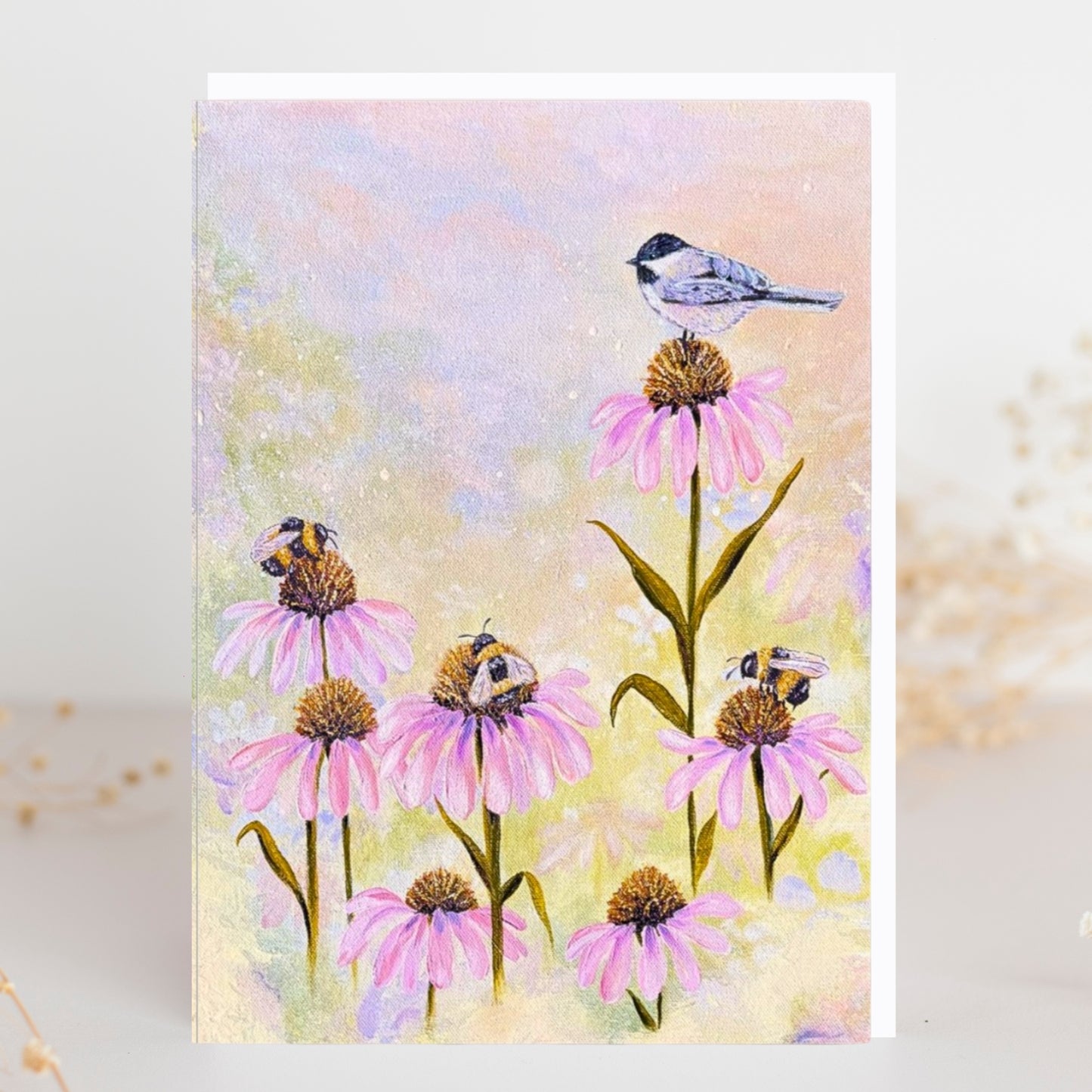3 Bees + A Chickadee Greeting Card