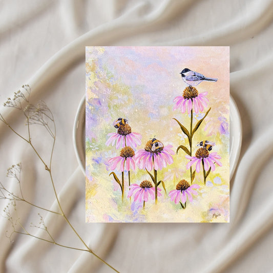 3 Bees + A Chickadee Fine Art Print
