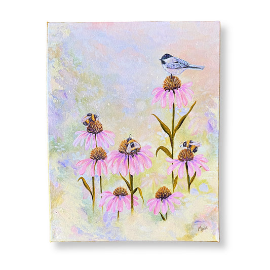 3 Bees + A Chickadee - 14x18 Inches on Canvas