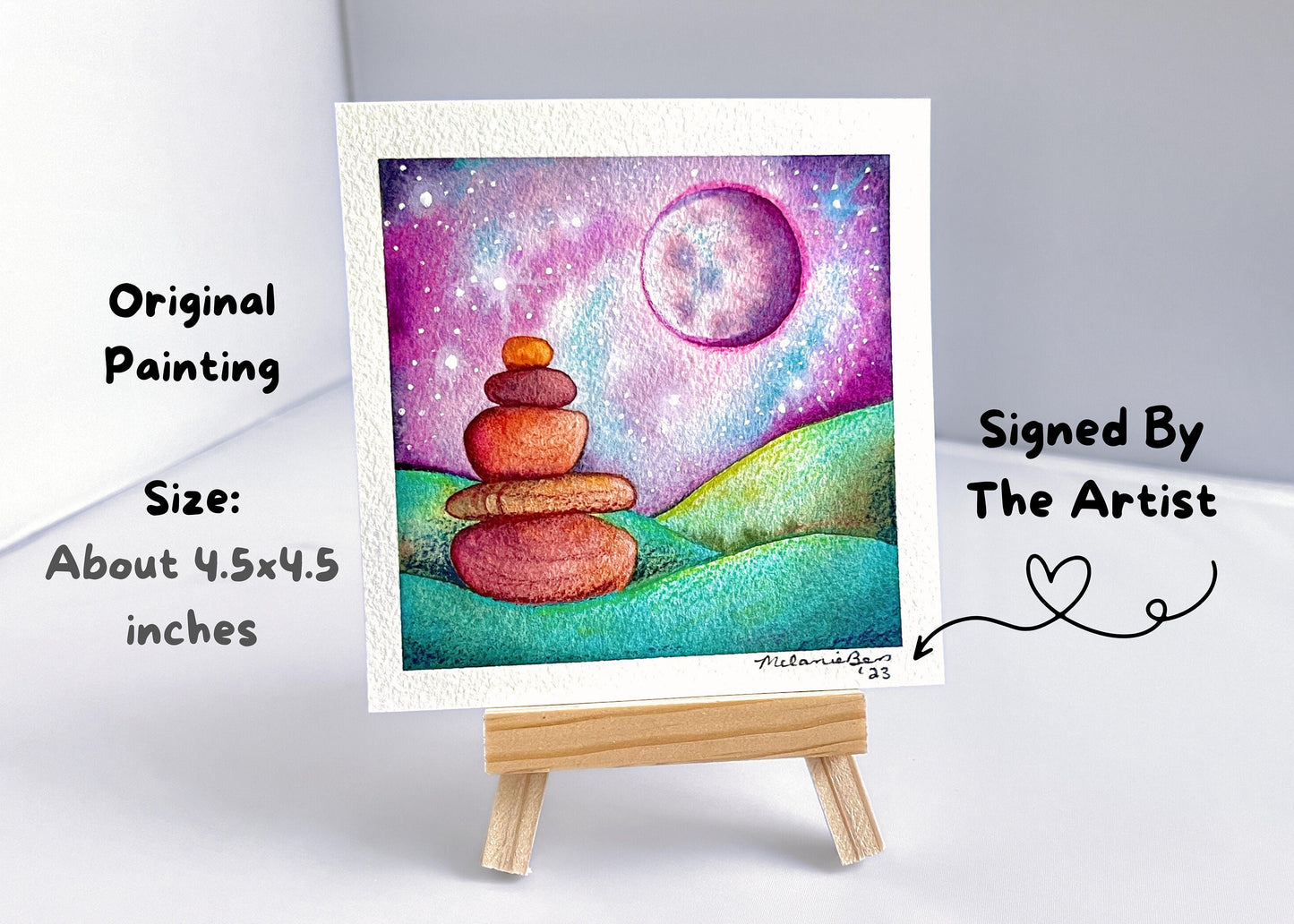 Original Watercolor Full Moon Landscape Painting - 4.5 x 4.5