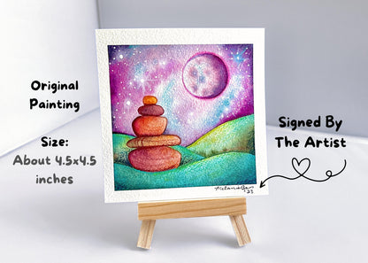 Original Watercolor Full Moon Landscape Painting - 4.5 x 4.5