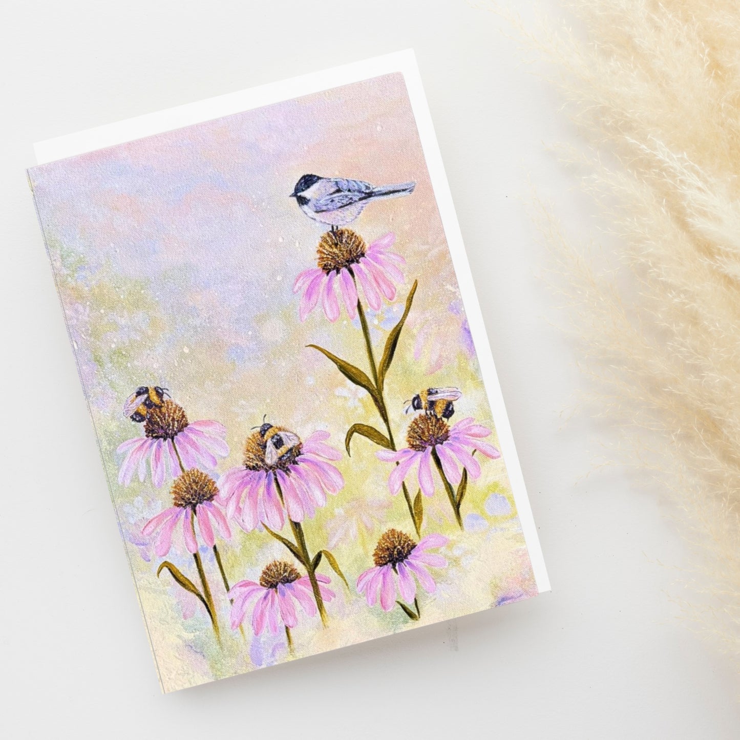 3 Bees + A Chickadee Greeting Card