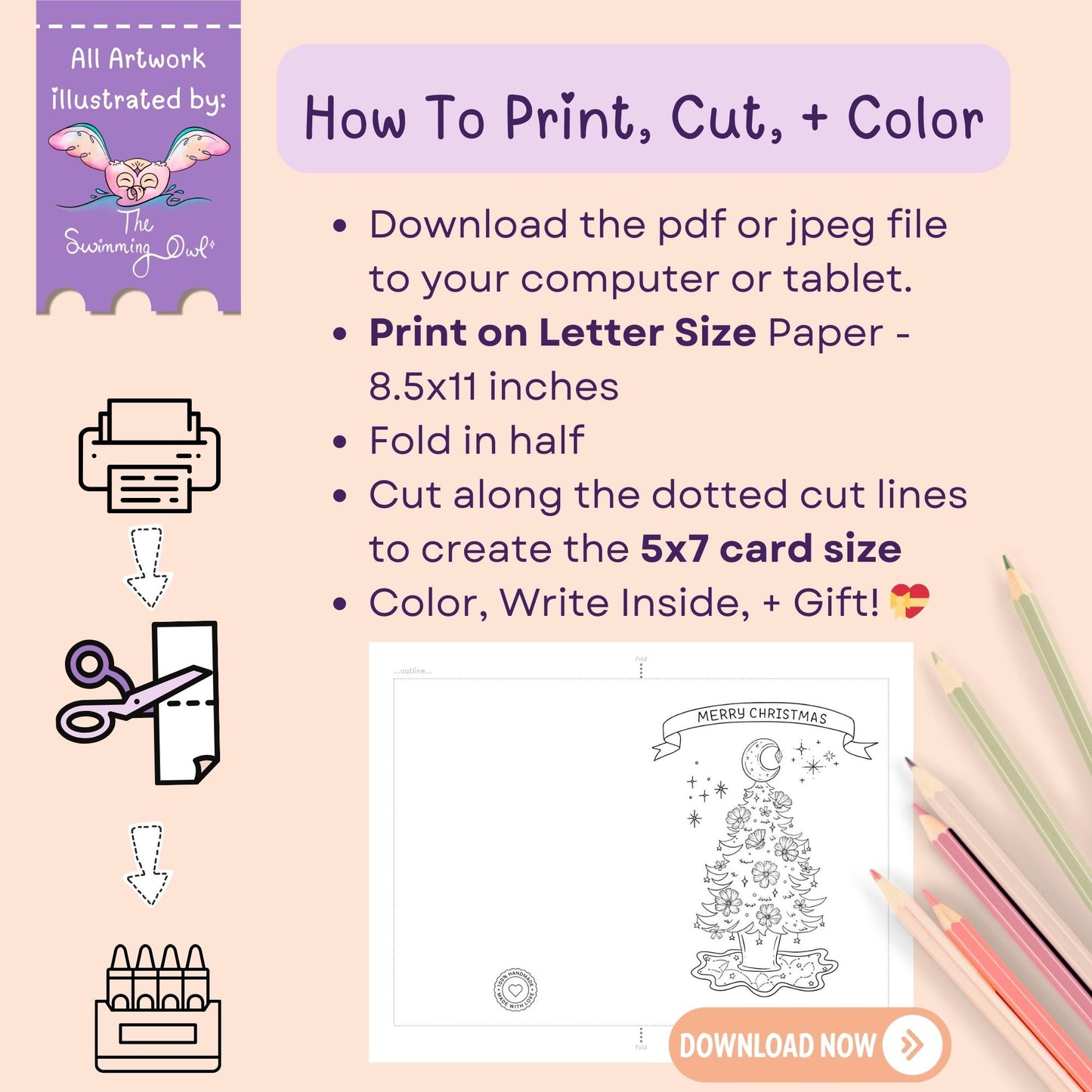 Cosmic Christmas Card To Color - 5x7 - Download