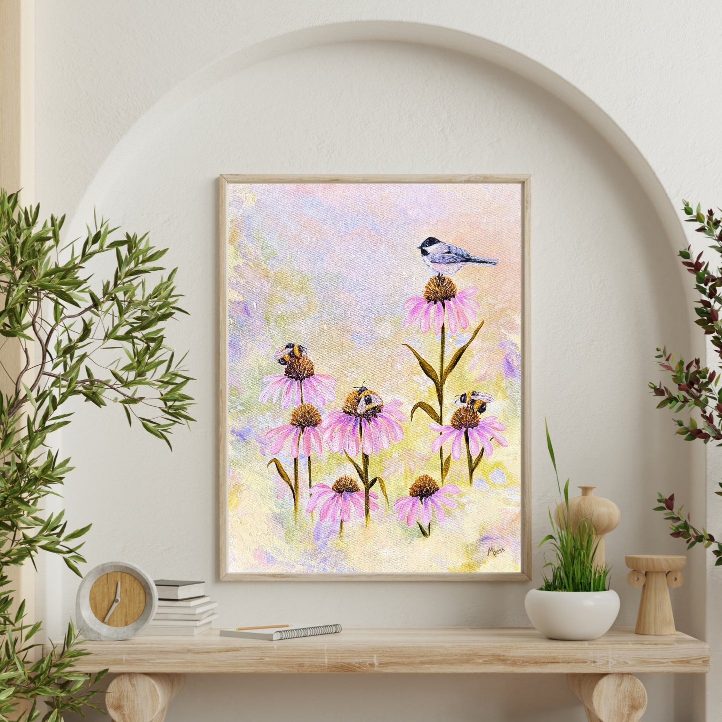 3 Bees + A Chickadee Fine Art Print