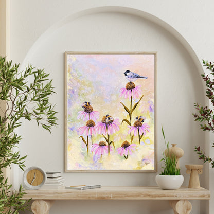3 Bees + A Chickadee Fine Art Print