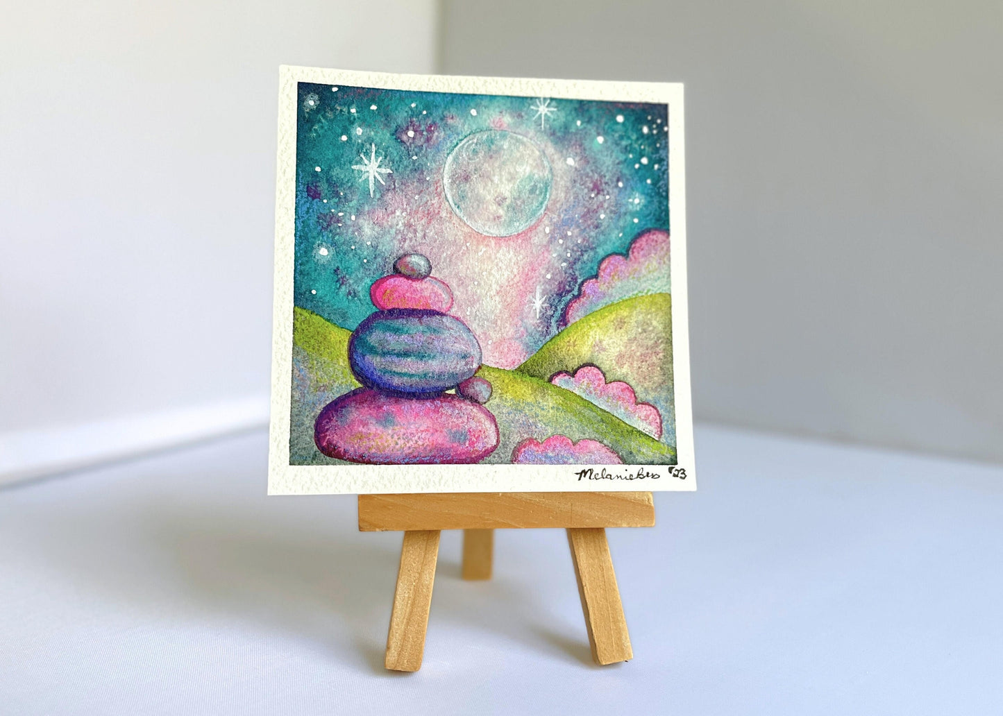 Original Watercolor - Stacked Stones Landscape Painting - 4.125 x 4.125