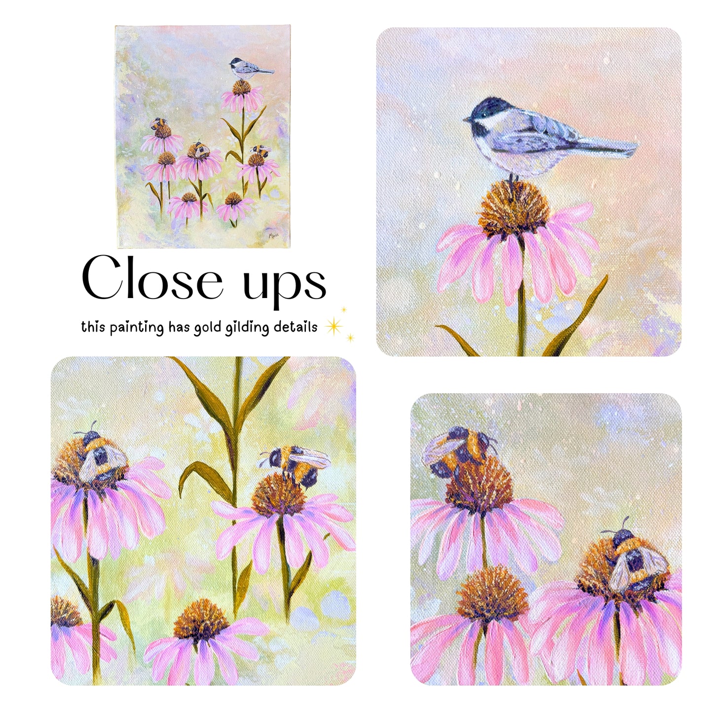 3 Bees + A Chickadee - 14x18 Inches on Canvas