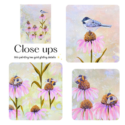 3 Bees + A Chickadee - 14x18 Inches on Canvas