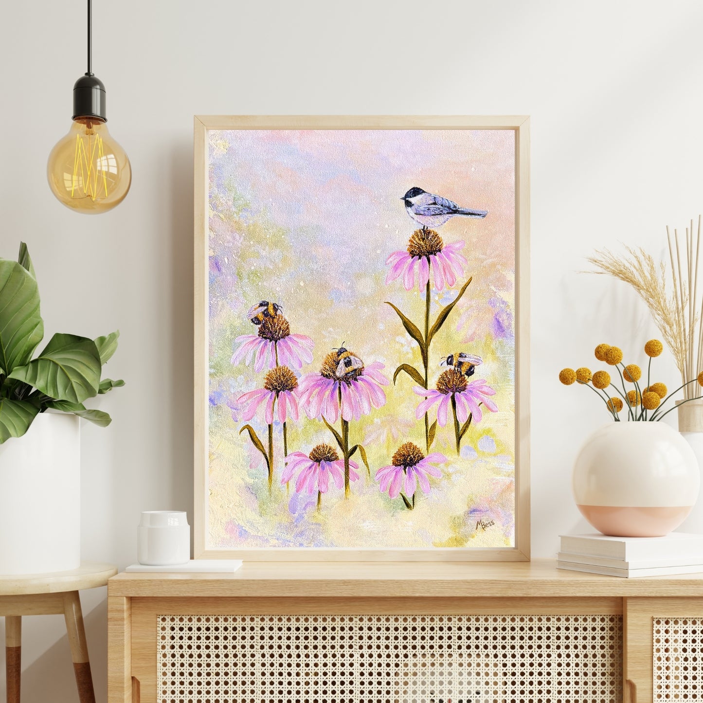 3 Bees + A Chickadee Fine Art Print