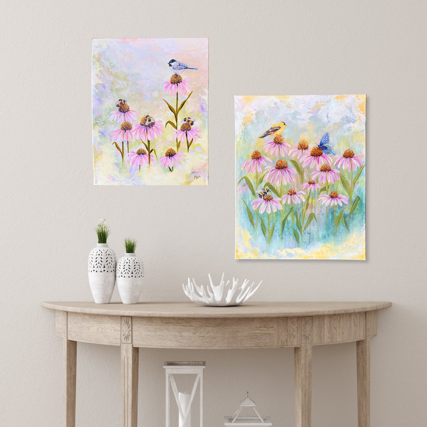 3 Bees + A Chickadee - 14x18 Inches on Canvas