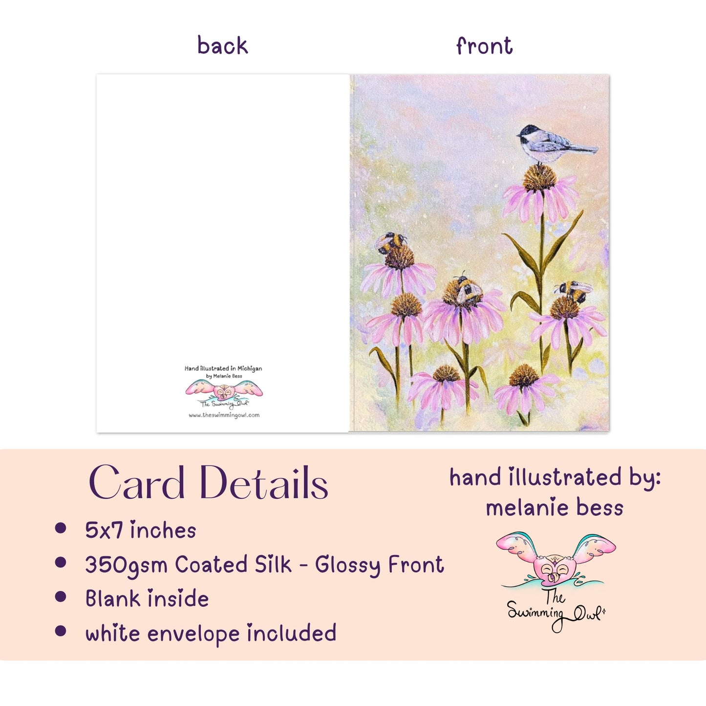 3 Bees + A Chickadee Greeting Card