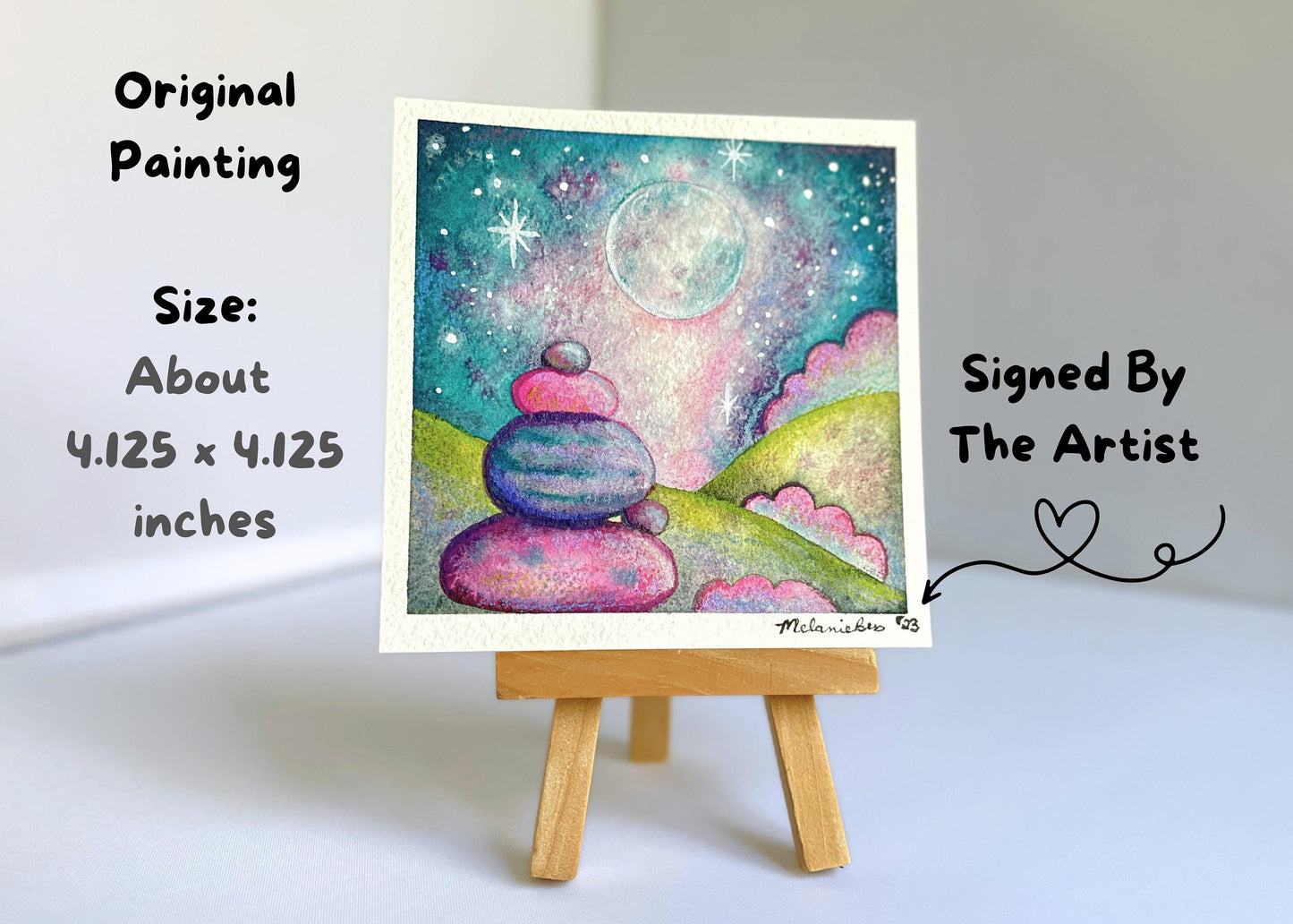 Original Watercolor - Stacked Stones Landscape Painting - 4.125 x 4.125