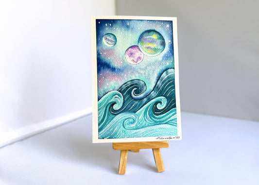 🌊 Original Celestial Surf Painting - 4.5 x 6.5 inches 🌙