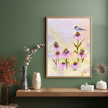 3 Bees + A Chickadee Fine Art Print