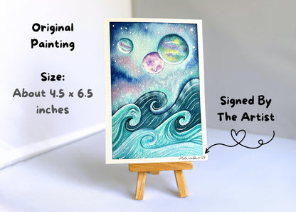 🌊 Original Celestial Surf Painting - 4.5 x 6.5 inches 🌙