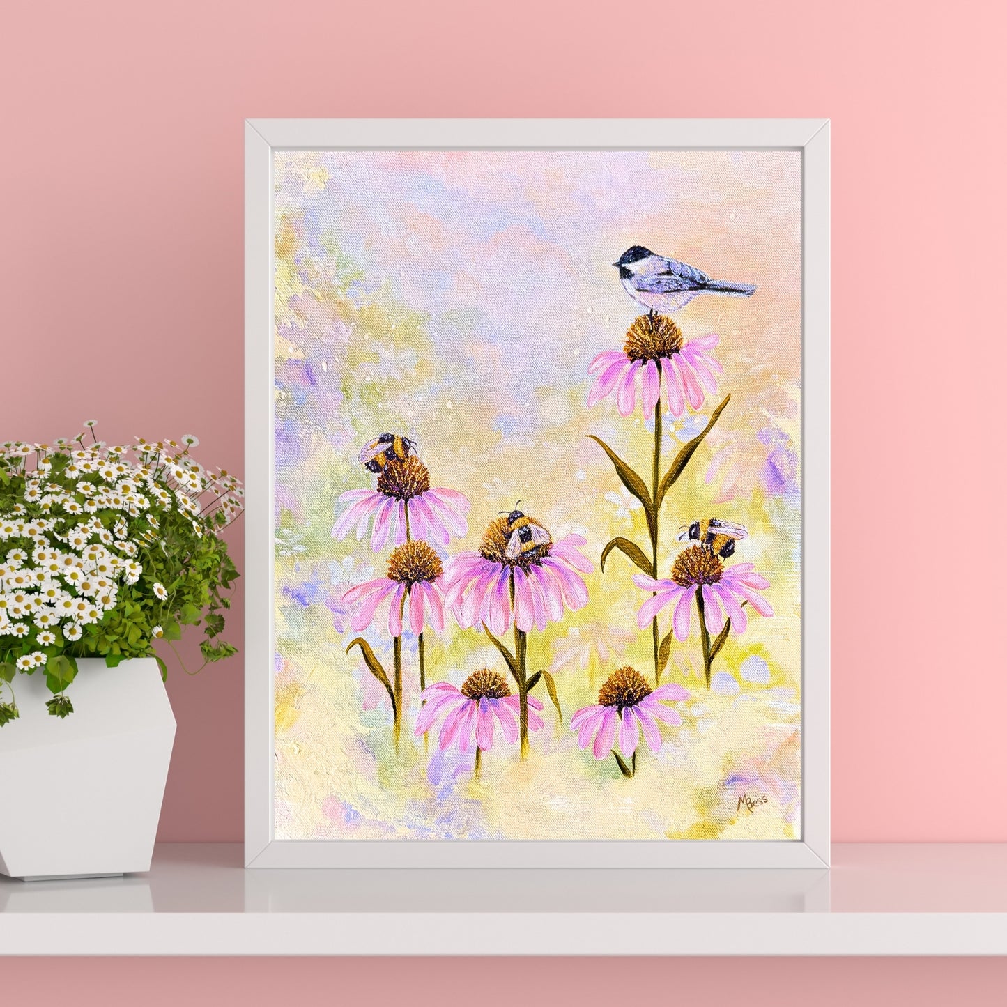 3 Bees + A Chickadee Fine Art Print