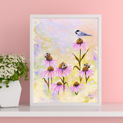 3 Bees + A Chickadee Fine Art Print
