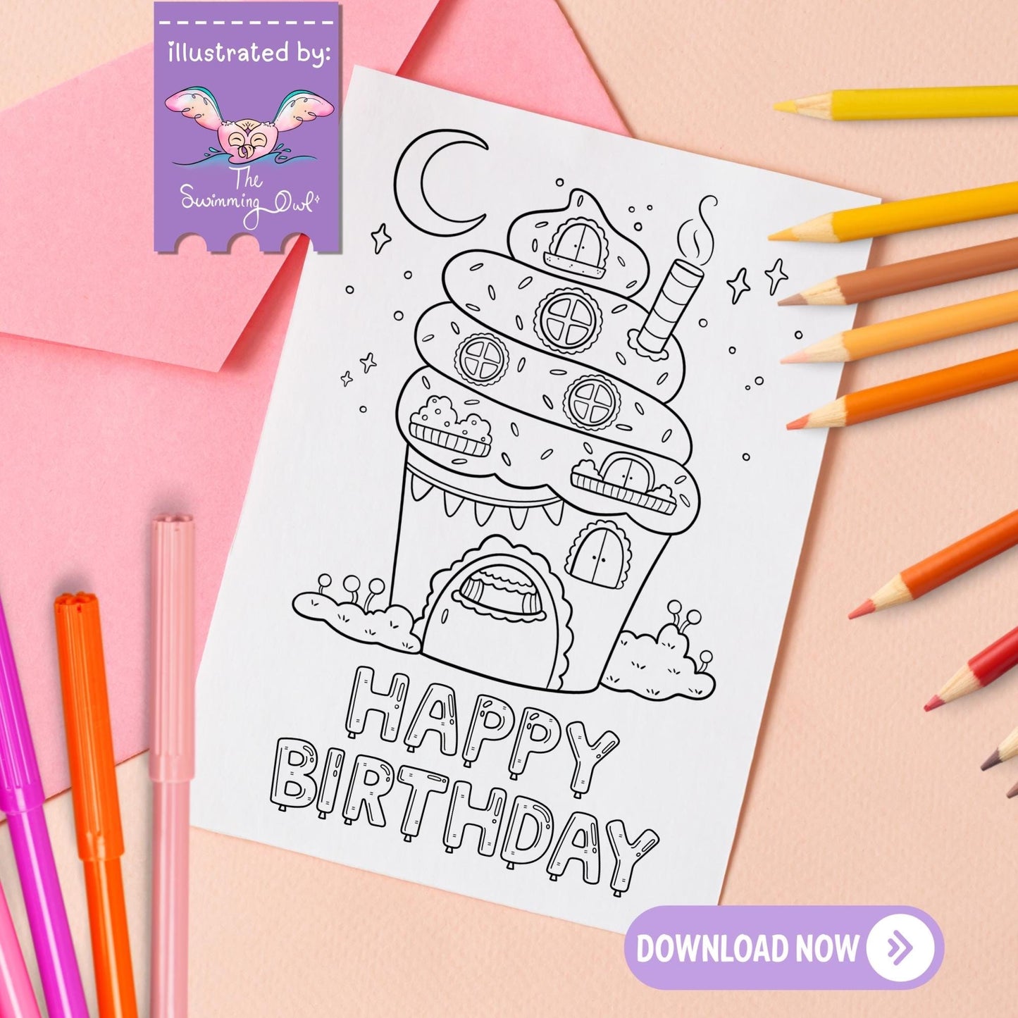 🧁Happy Birthday Cupcake Card To Color - 5x7 Download