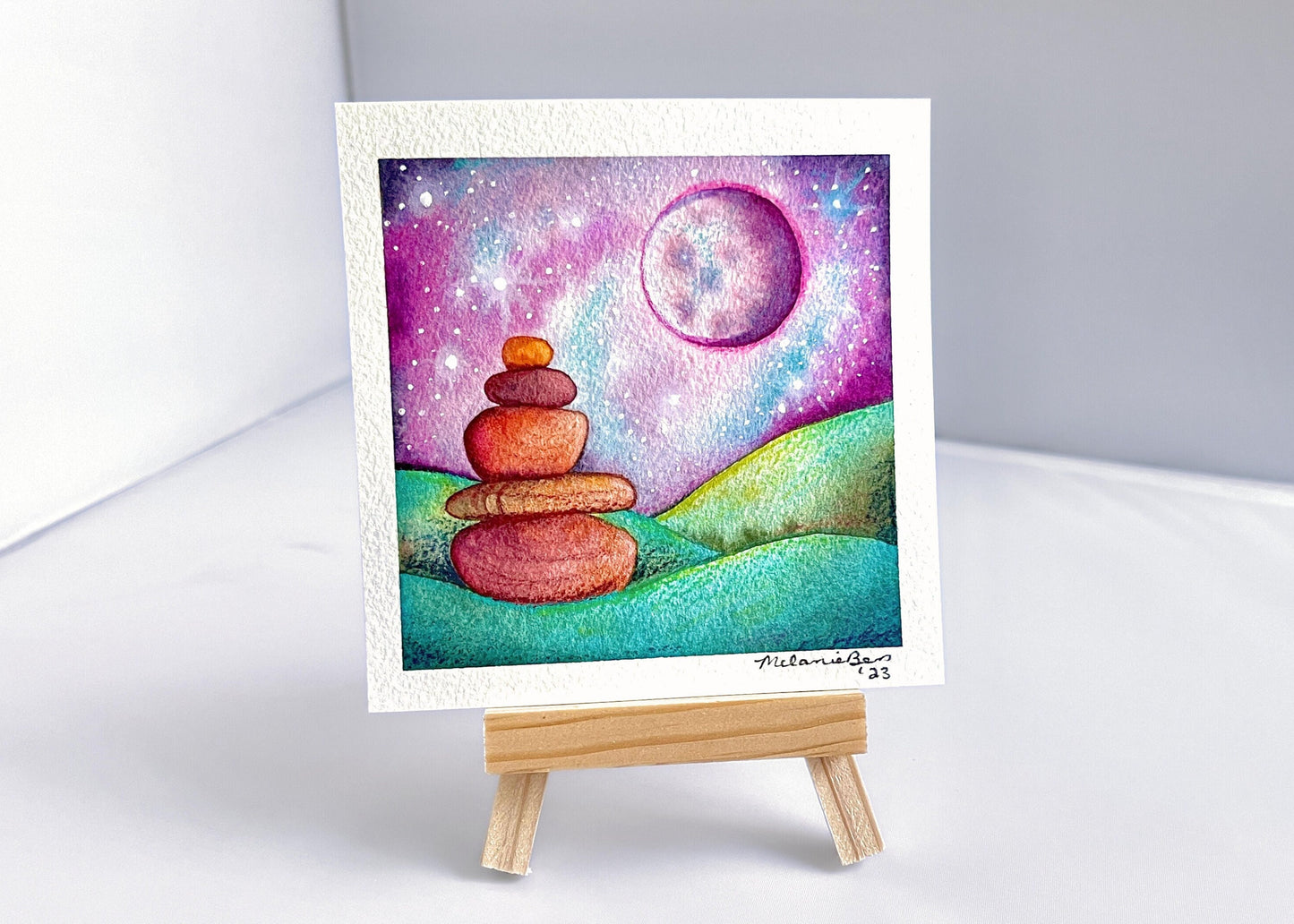 Original Watercolor Full Moon Landscape Painting - 4.5 x 4.5