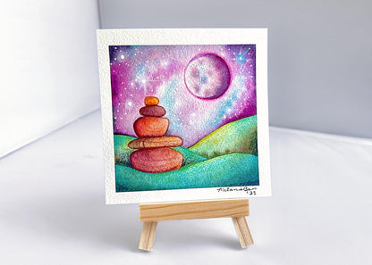 Original Watercolor Full Moon Landscape Painting - 4.5 x 4.5