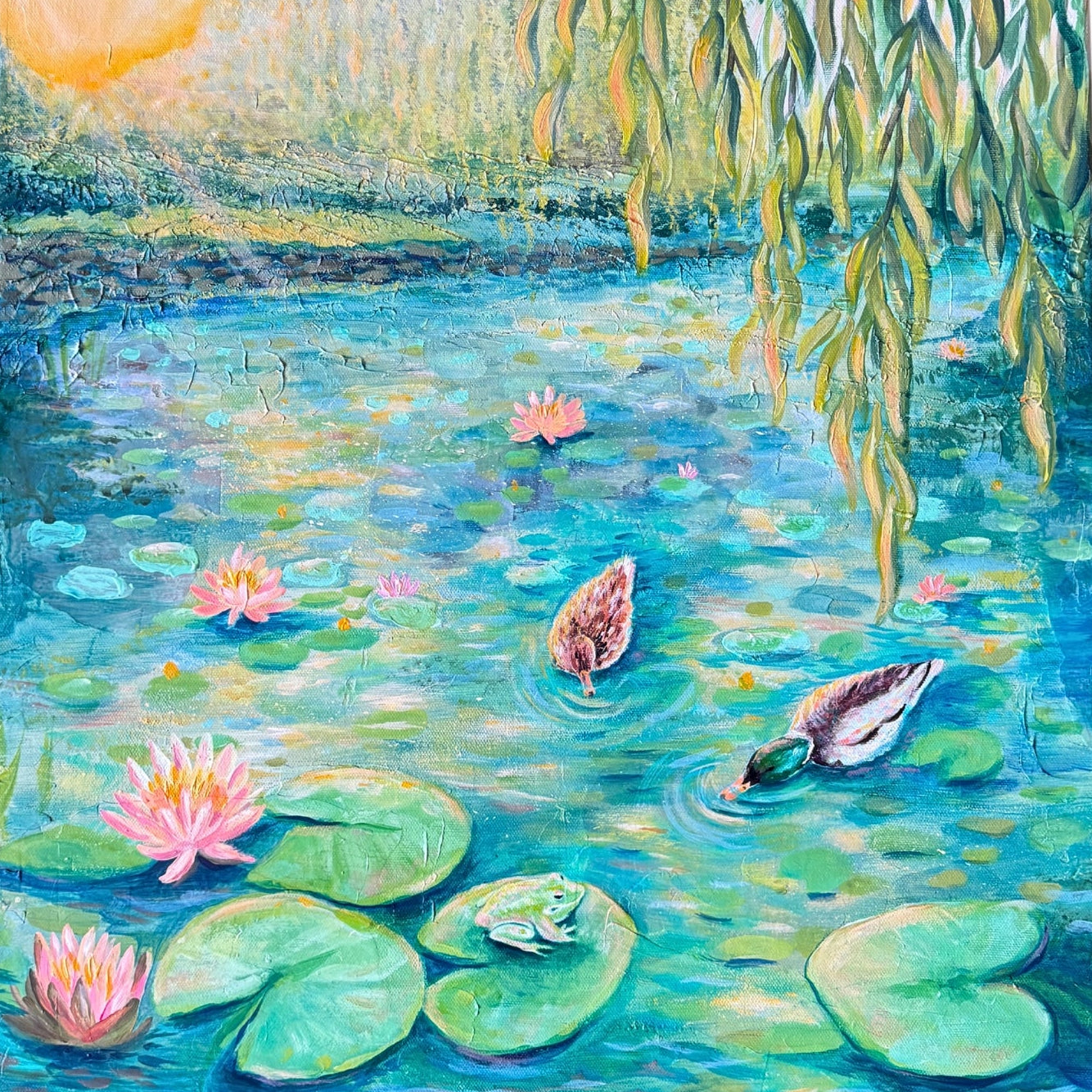 Painting of a serene pond with water lilies and a swan, featuring a willow tree.