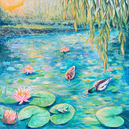 Painting of a serene pond with water lilies and a swan, featuring a willow tree.