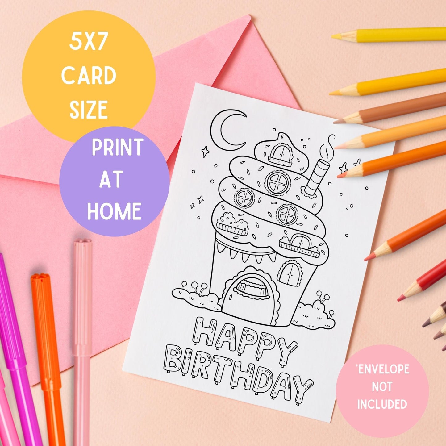 🧁Happy Birthday Cupcake Card To Color - 5x7 Download