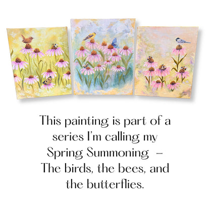 3 Bees + A Chickadee - 14x18 Inches on Canvas