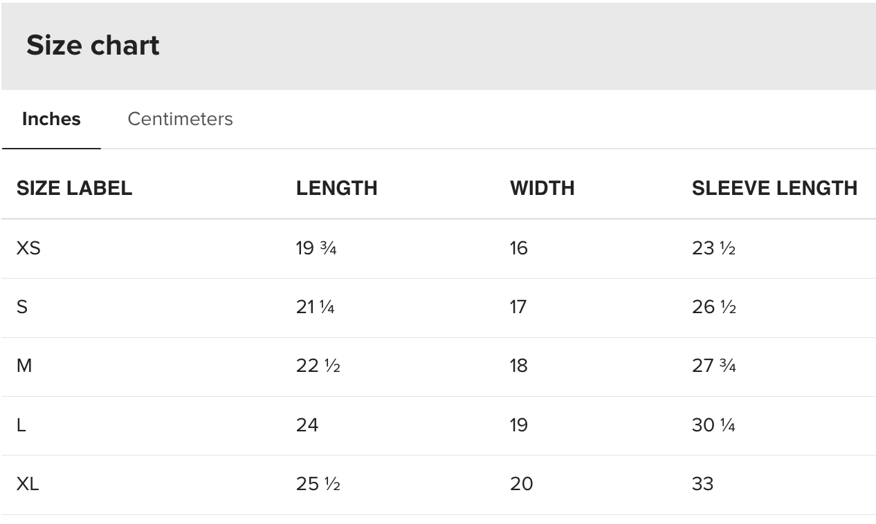 Size chart for clothing measurements in inches and centimeters