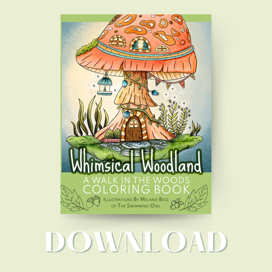 Coloring book cover with a mushroom house illustration and 'Whimsical Woodland' text.