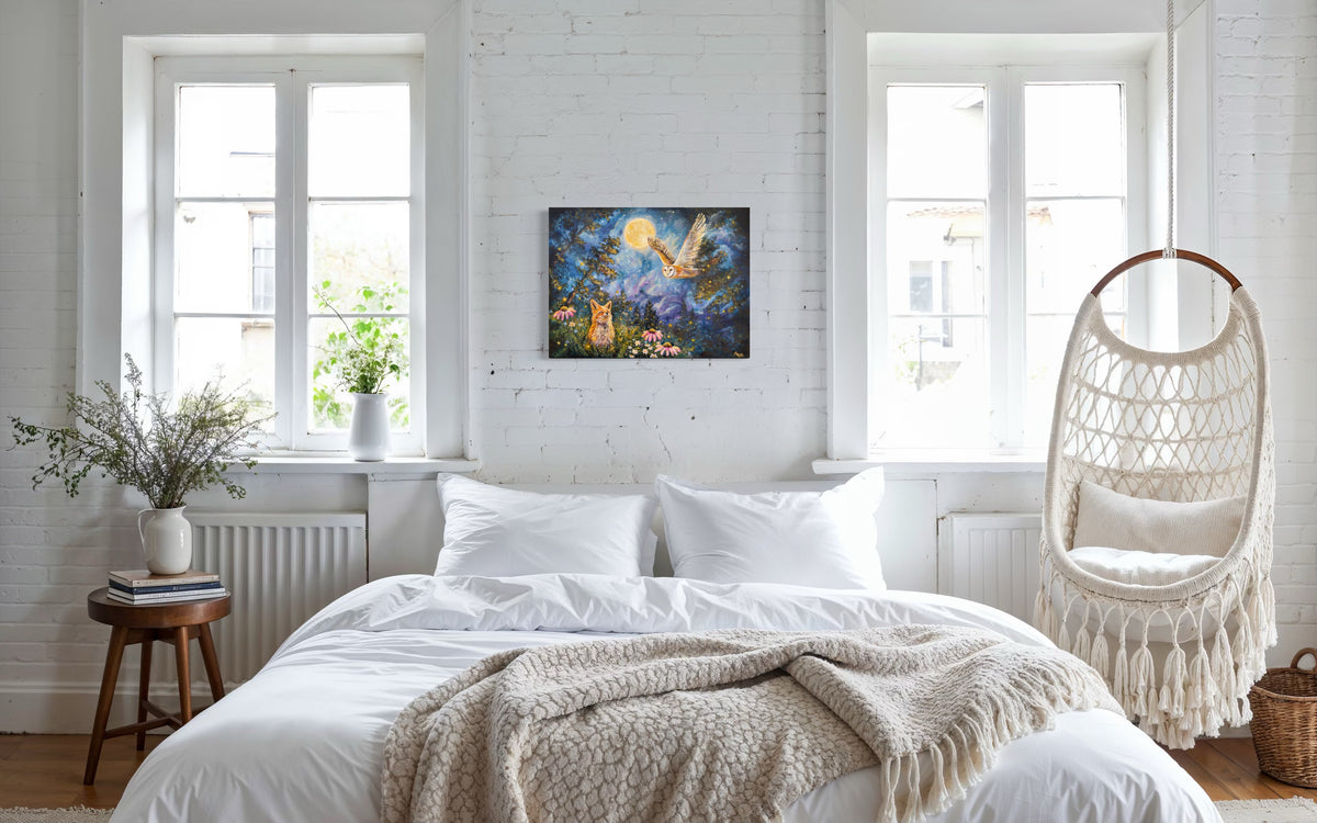 A colorful fantasy oil painting depicting a glowing fox and owl in a blue and purple forest, styled on a white brick wall above a neatly made bed in a bright, modern bedroom.