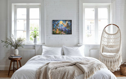 A colorful fantasy oil painting depicting a glowing fox and owl in a blue and purple forest, styled on a white brick wall above a neatly made bed in a bright, modern bedroom.