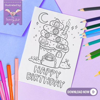 🧁Happy Birthday Cupcake Card To Color - 5x7 Download
