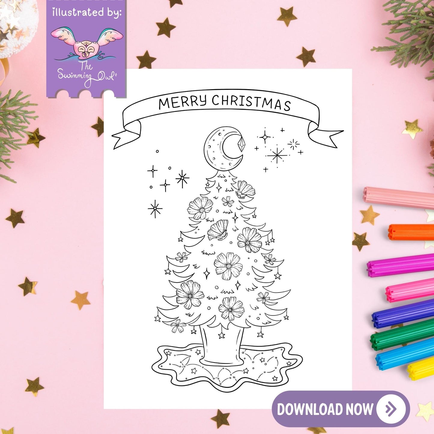 Cosmic Christmas Card To Color - 5x7 - Download