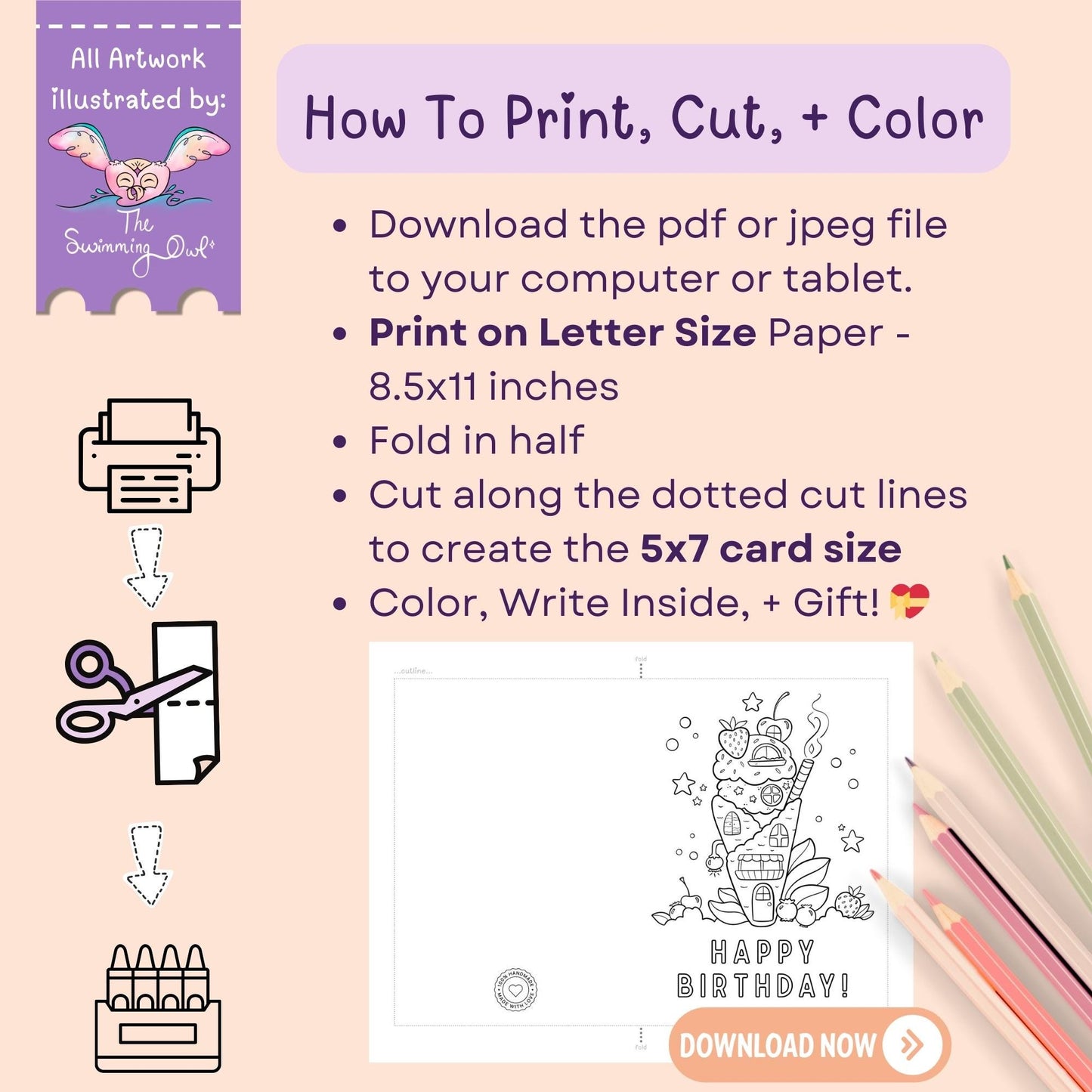 Happy Birthday Card To Color - 5x7 Card DOWNLOAD