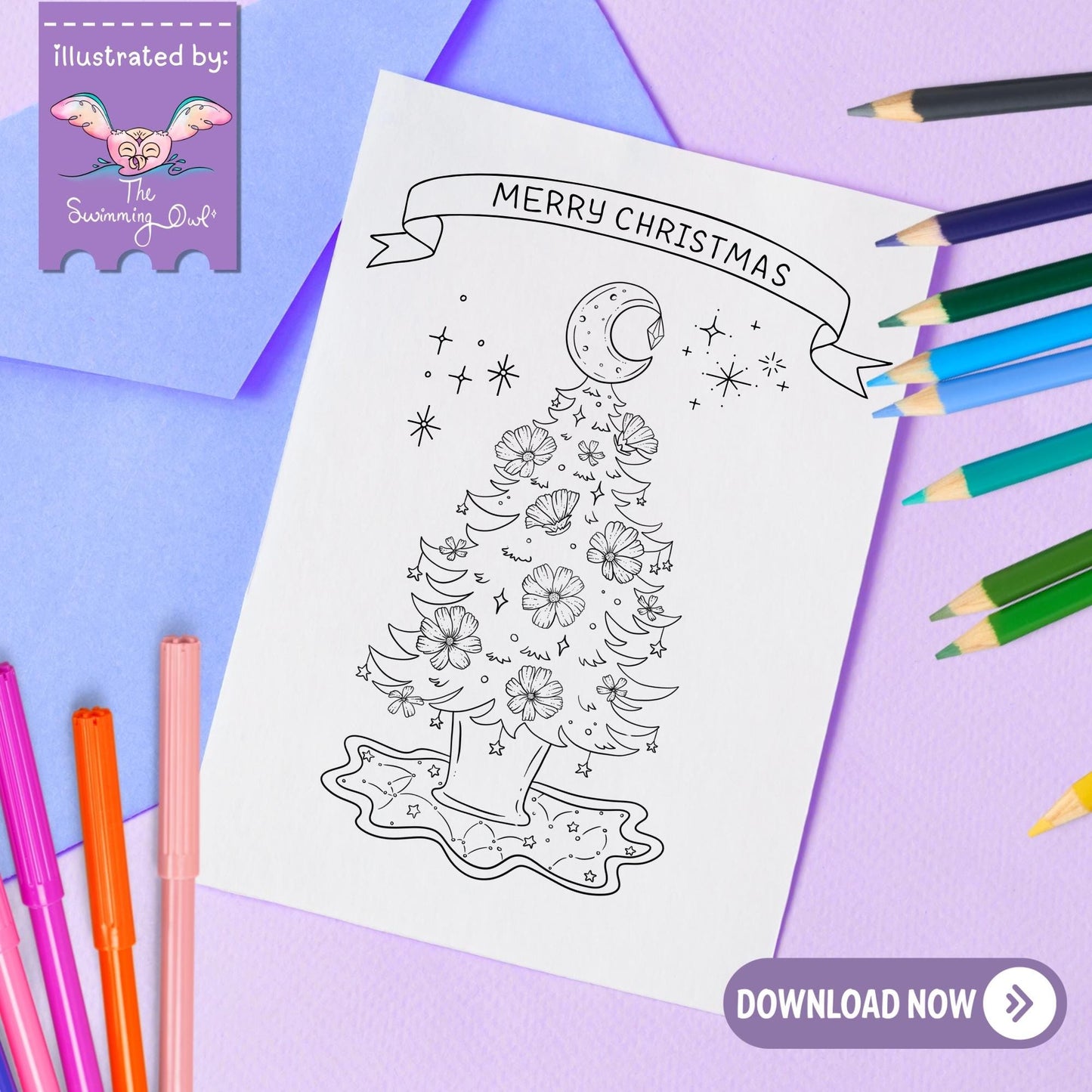 Cosmic Christmas Card To Color - 5x7 - Download