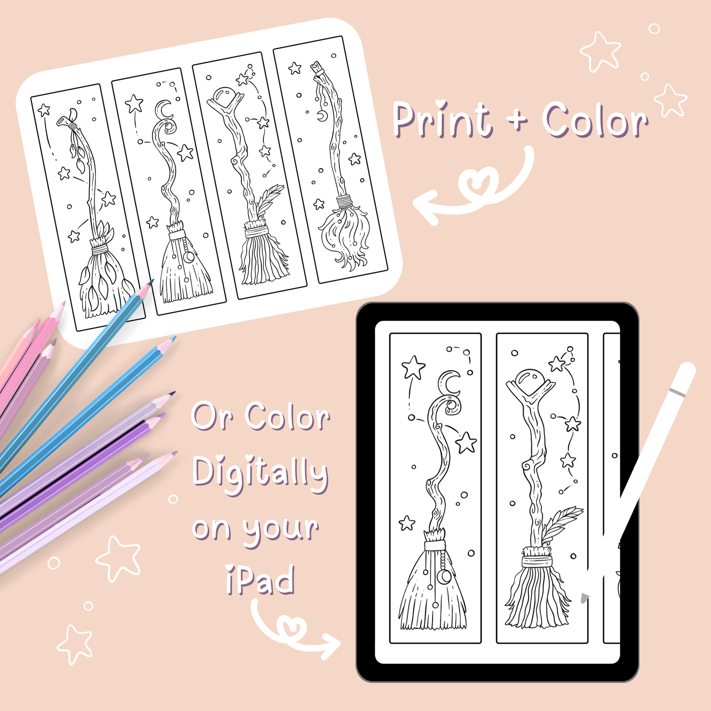 🧹 Witchy Brooms Bookmarks Coloring Page Download