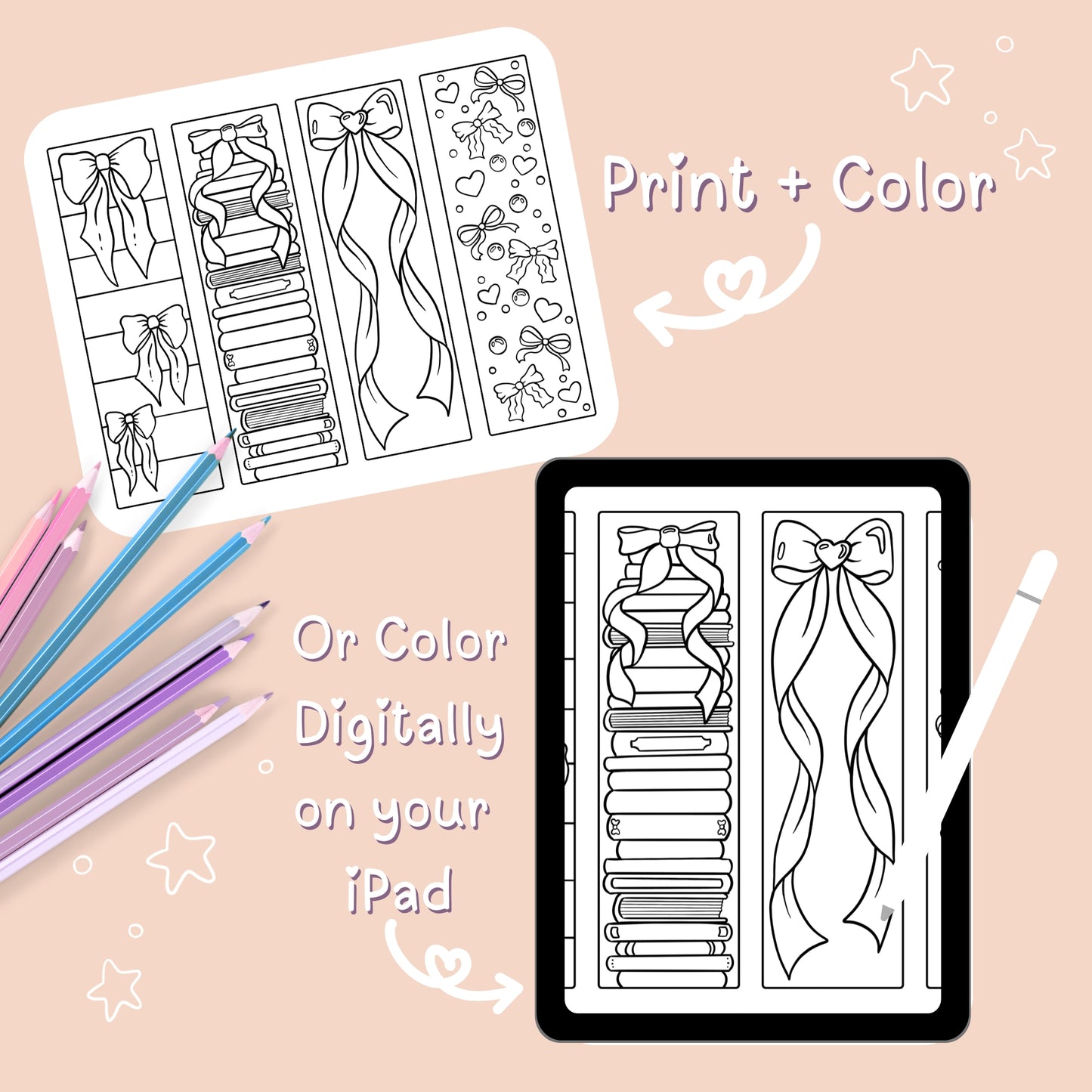 🎀 Cute Bows Bookmarks Coloring Page Download